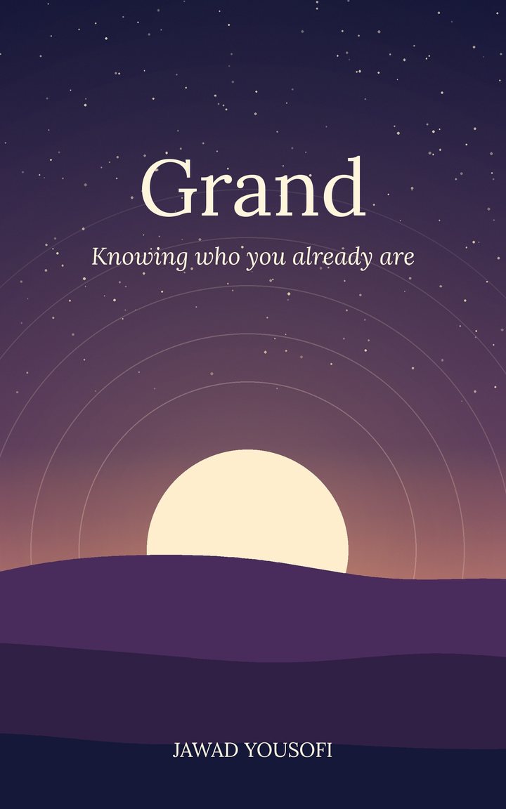 Grand book cover: a full moon rising over dusk hills under stars