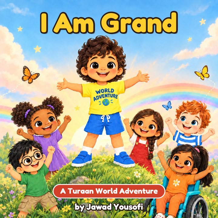 I Am Grand book cover: a smiling boy with arms wide on a hill, surrounded by friends and butterflies