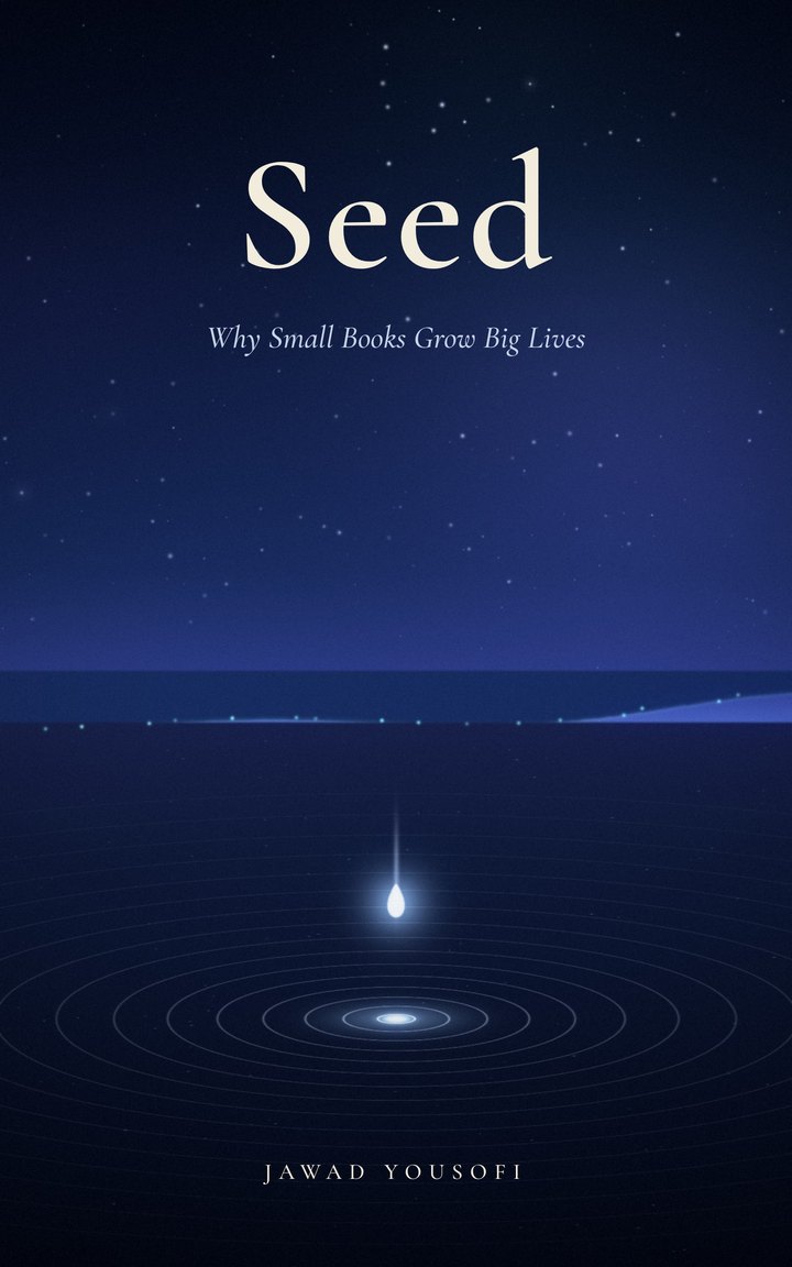 Seed book cover: a single drop of light falling toward still water under a night sky