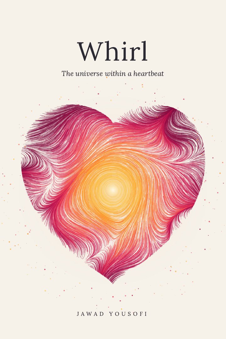 Whirl book cover: a heart of thousands of fine strokes, deep wine and crimson whirling into coral and a glowing golden core